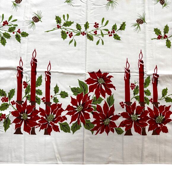 Vintage Christmas tablecloth printed cotton festive red candles & greenery - Picture 2 of 6